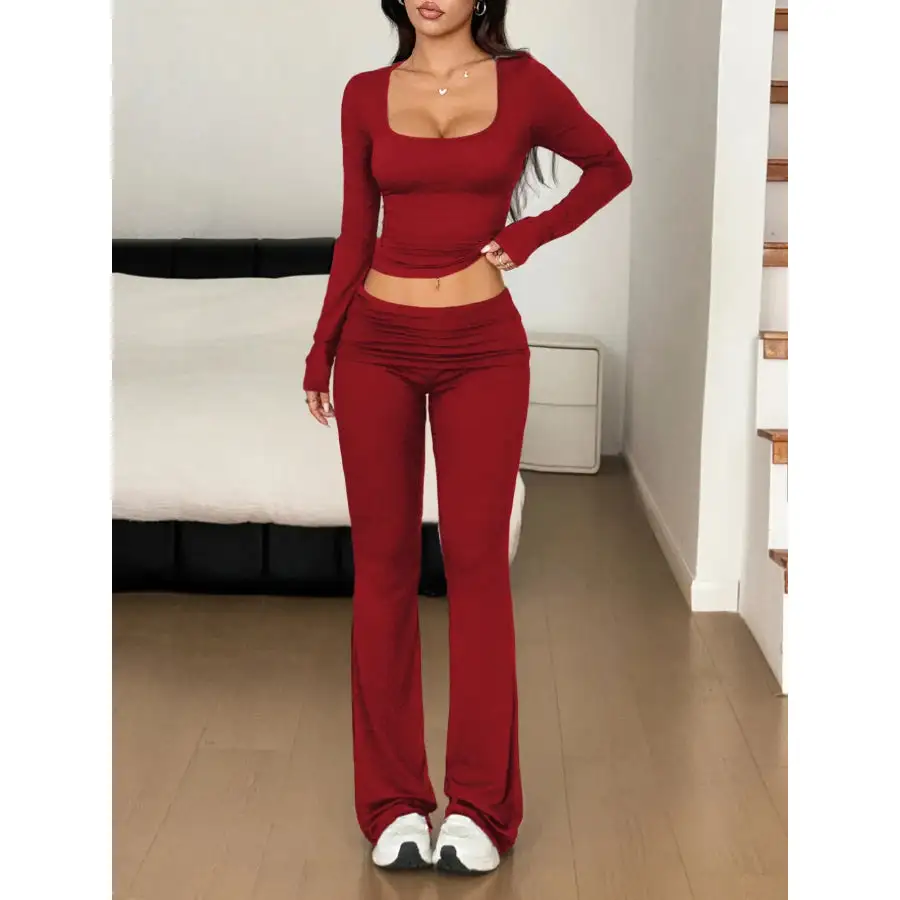 Long Sleeve Crop Top and Bootcut Pants Set