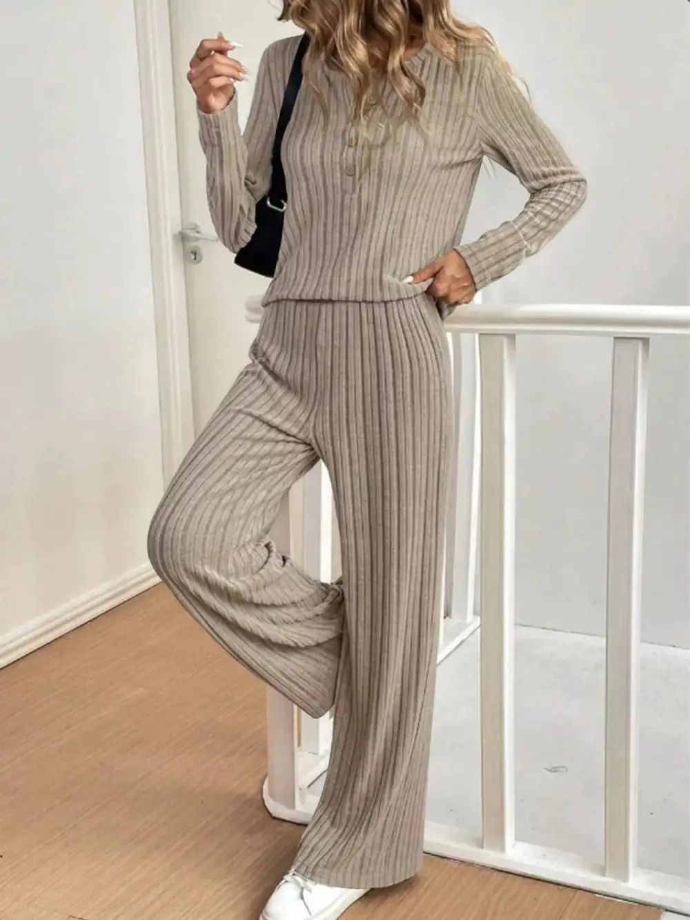 Plus Size Ribbed Knit Button Front Top and Pants Set