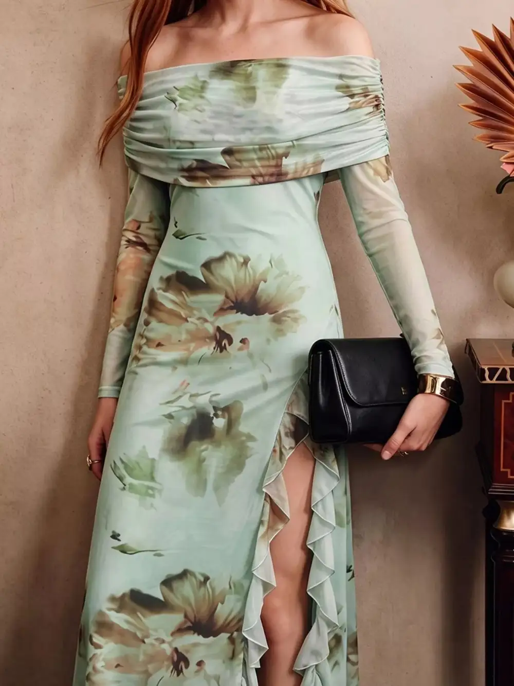 Ruffled Slit Off-Shoulder Maxi Dress