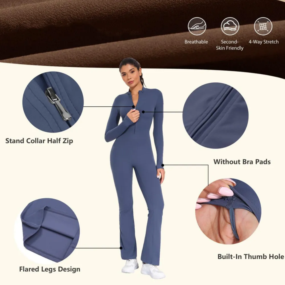Women's Long Sleeve Flared Sports Jumpsuit - Zipper Jumpsuit, Wide Leg Bodysuit, Sexy One-Piece Yoga Jumpsuit