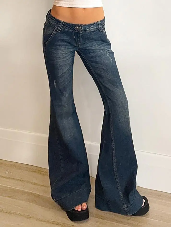 Washed Distressed Low Waist Flare Jeans