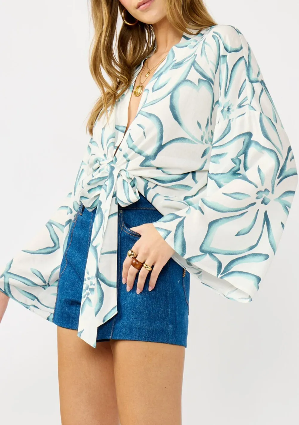 Tie Front Flower Print Blouse