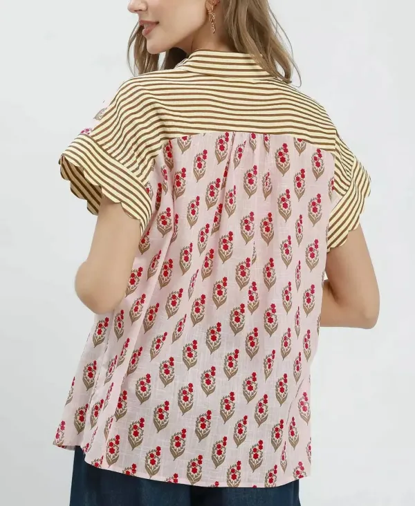 Block Floral Print Button-Front Flutter Sleeve Ruffle Cuff Contrast Top