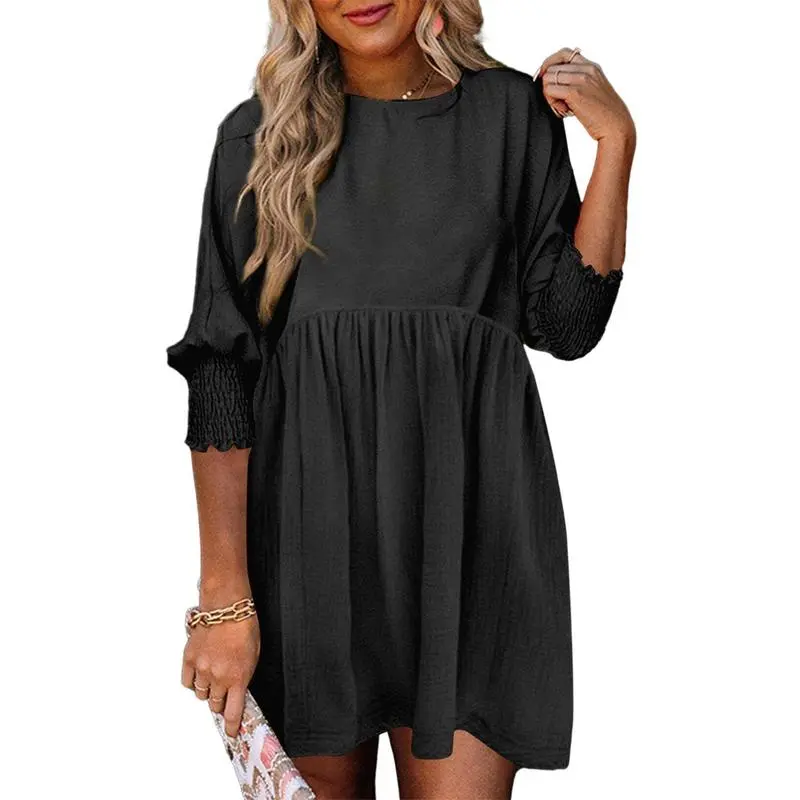 Women's Black Summer Tunic Dress Casual Loose Fit Short Sleeve Crew Neck Flowy Swing Mini Shift Sundress for Beach & Casual Dates