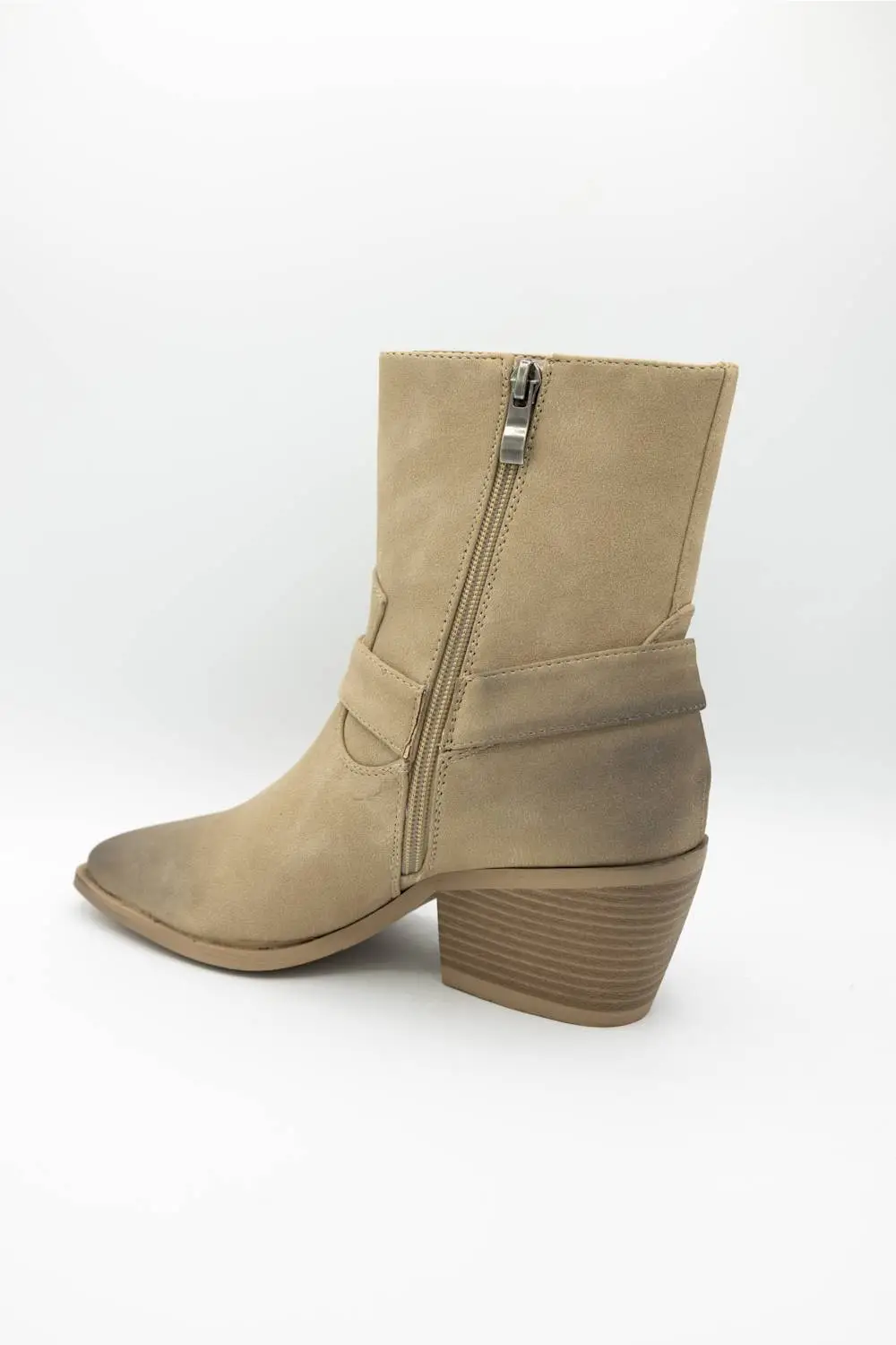 Classic Harness Suede Pointed Toe Mid Calf Bootie