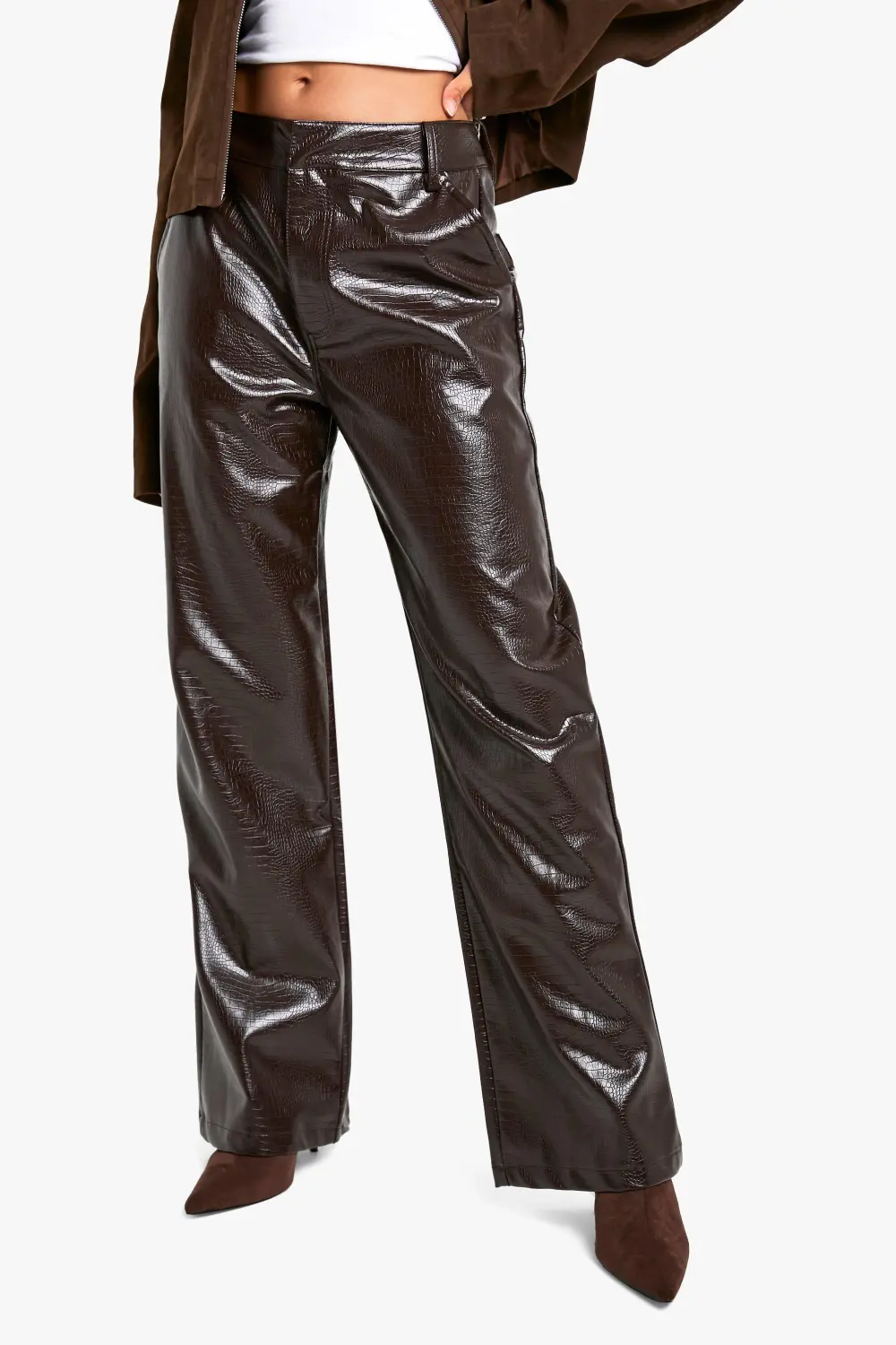 CHOCOLATE CROC PU STRAIGHT LEG PANTS