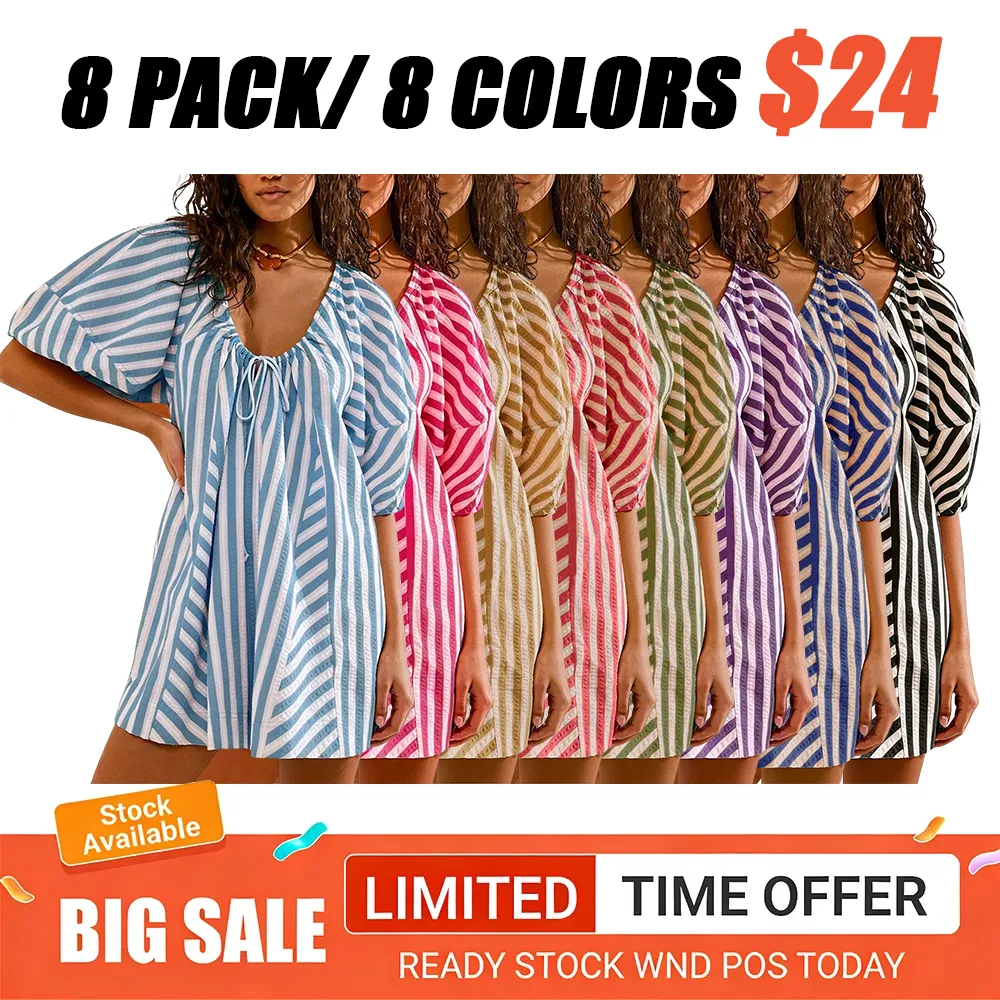 Womens Striped Romper Casual Loose Puff Sleeve Wide Leg Jumpsuit