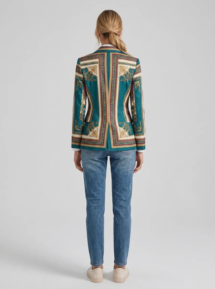Women's Baroque Style Teal Gold Printed Blazer Jacket