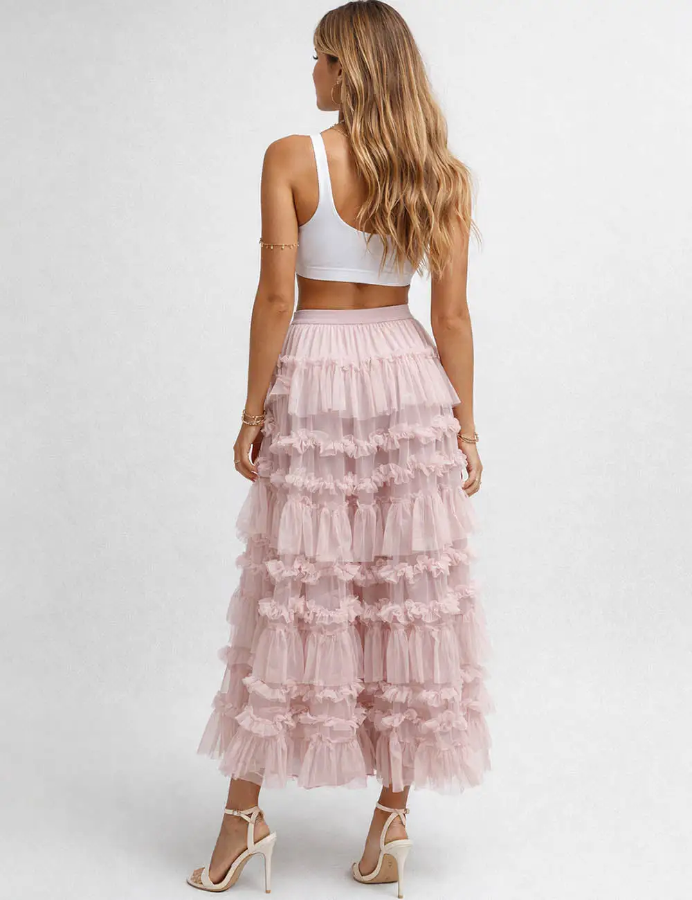 Elastic Waist Mesh Bead Tiered Ruffle Maxi Skirt