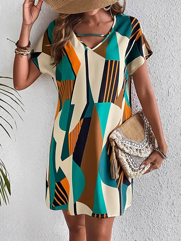 A Line Relaxed Contrast Color Printed Zipper V Neck Mini Dress
