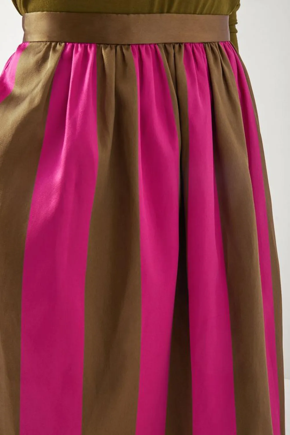 Olive & Magenta Striped Satin Midi Skirt