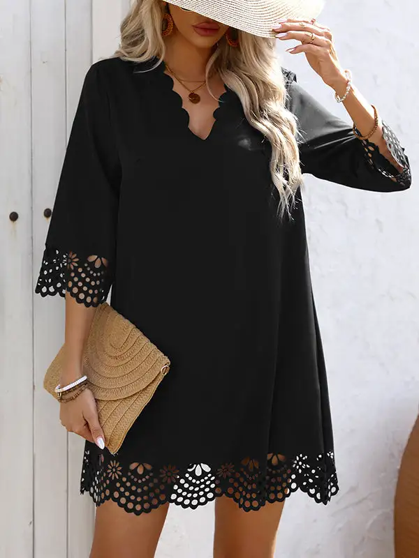 A Line Relaxed Hollow Solid Color V Neck Mini Dress