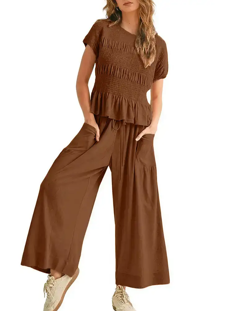 Smocked Peplum Top and Wide Leg Pants Two-Piece Set