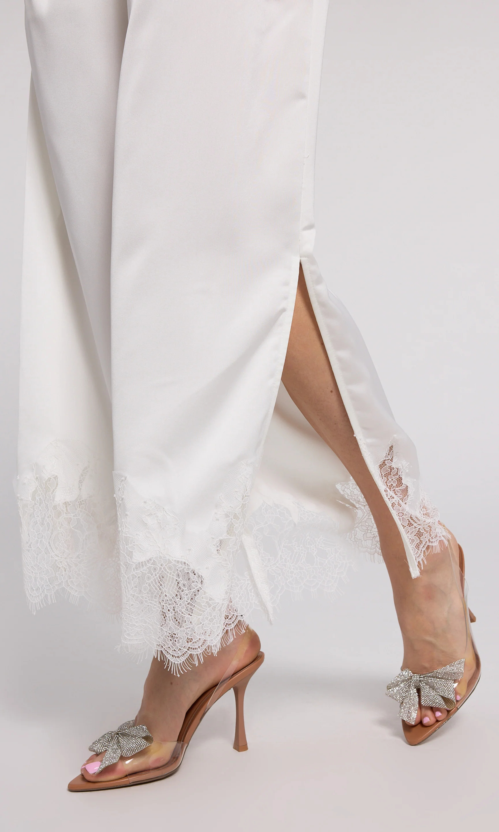 White Lace Panel Satin Pants