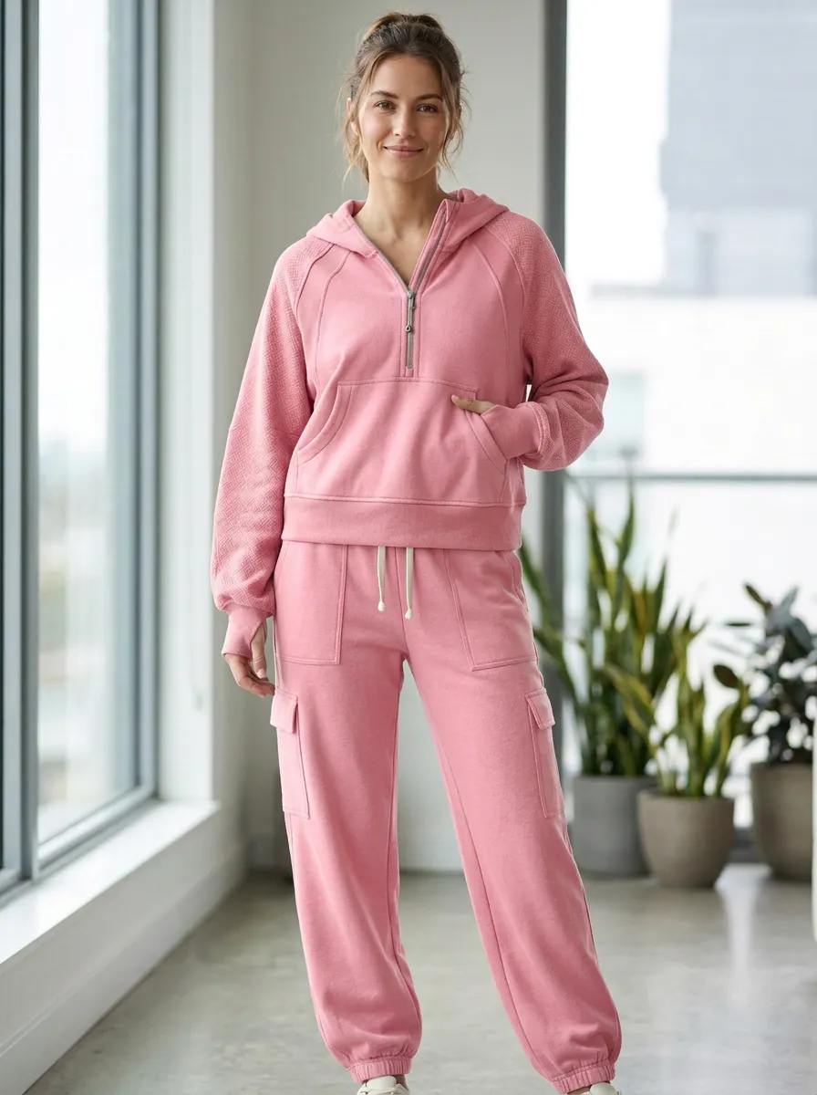 Women's Sage Green Quarter-Zip Hooded Cargo Jogger Set