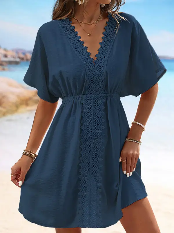 Batwing Sleeve Relaxed Elasticity See Through Split Joint V Neck Mini