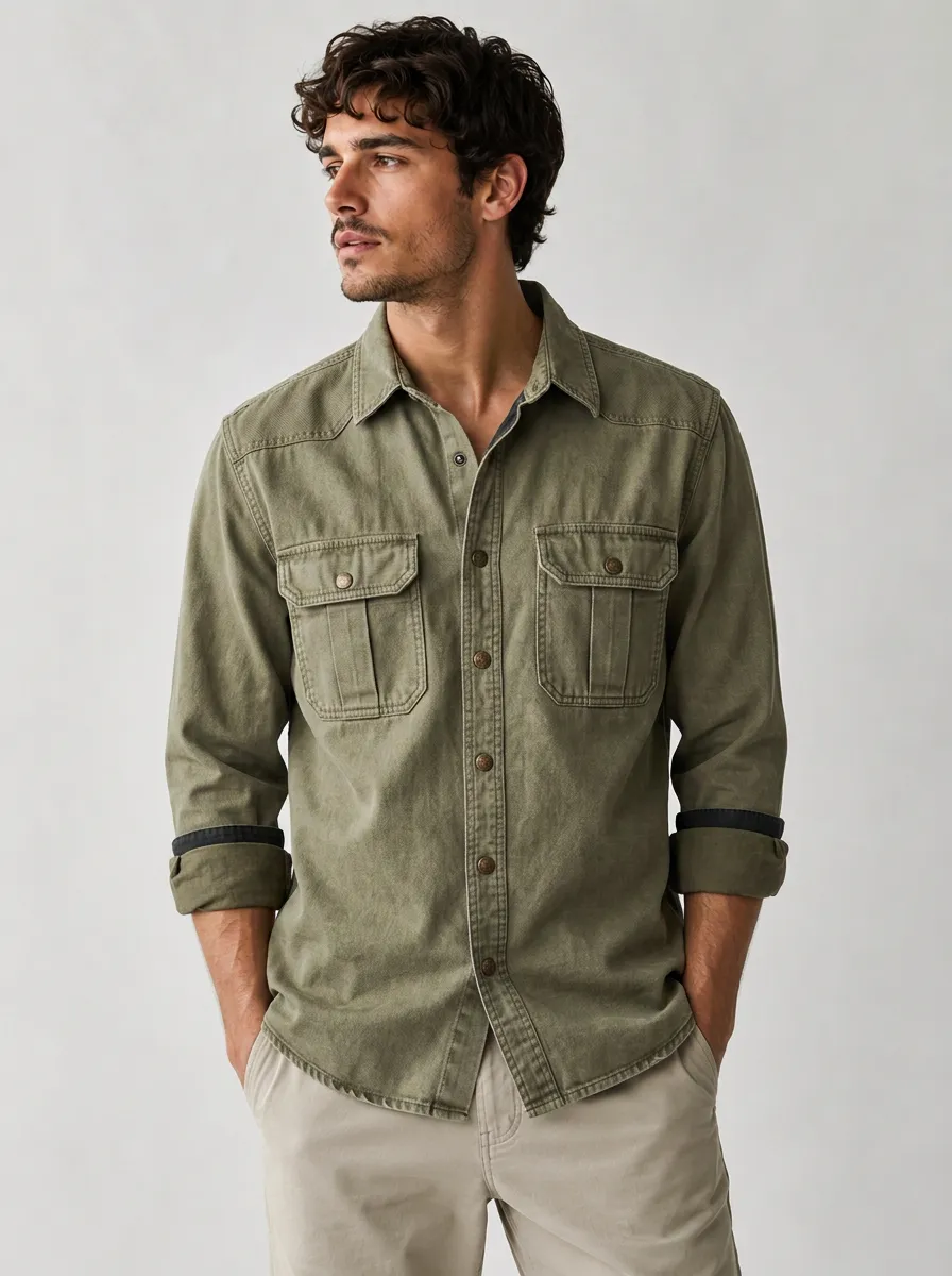 Men's Casual Military Style Olive Green Button Down Shirt