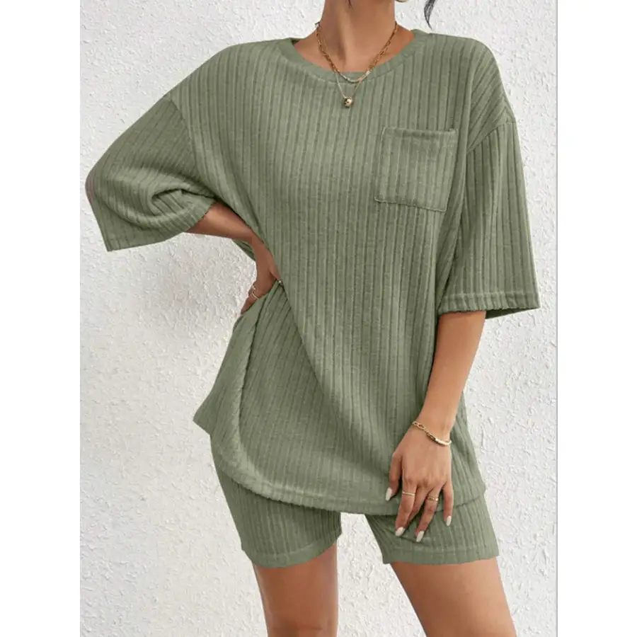 Ribbed Round Neck Top and Shorts Set