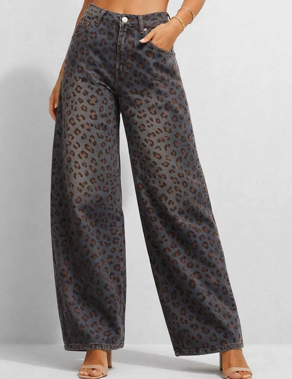 Leopard Jacquard Button Waist Barrel Leg Denim Pants