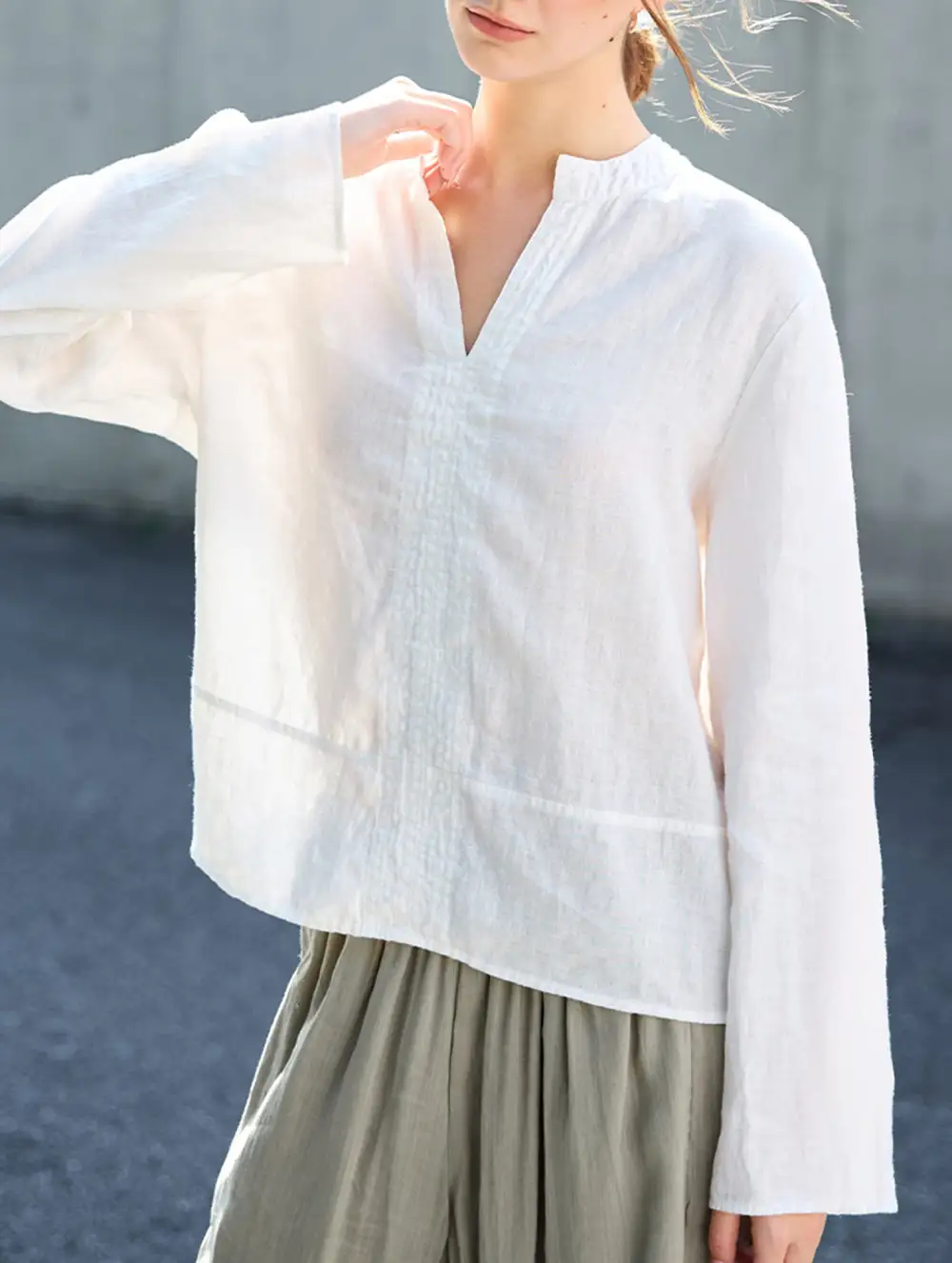 Pure Linen V Neck Long Sleeve Work Tee