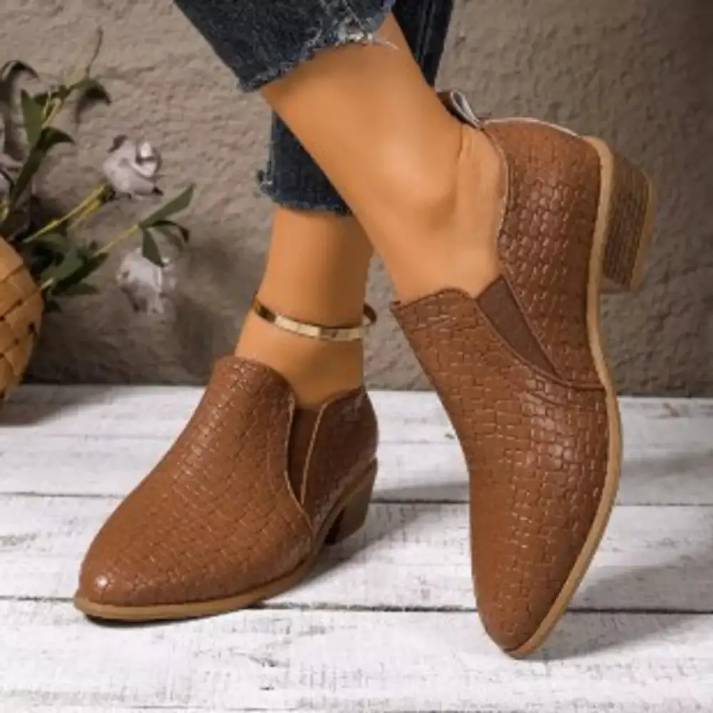 Textured Point Toe Block Heels Ankle Boots
