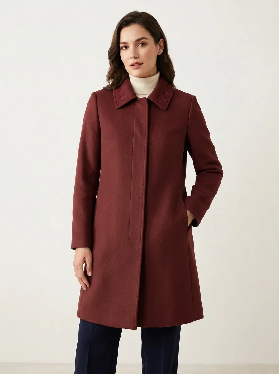 Women's Camel Minimalist Floral Embroidered Collar Wool Coat