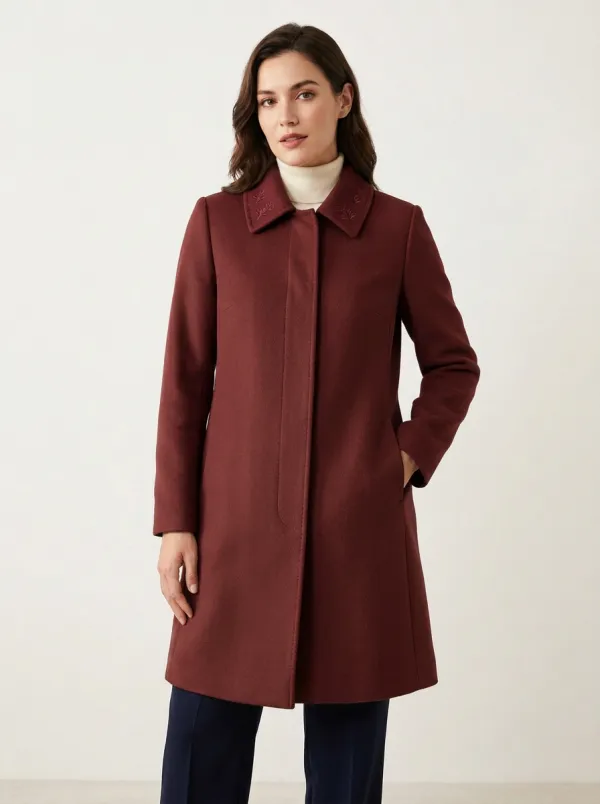 Women's Camel Minimalist Floral Embroidered Collar Wool Coat