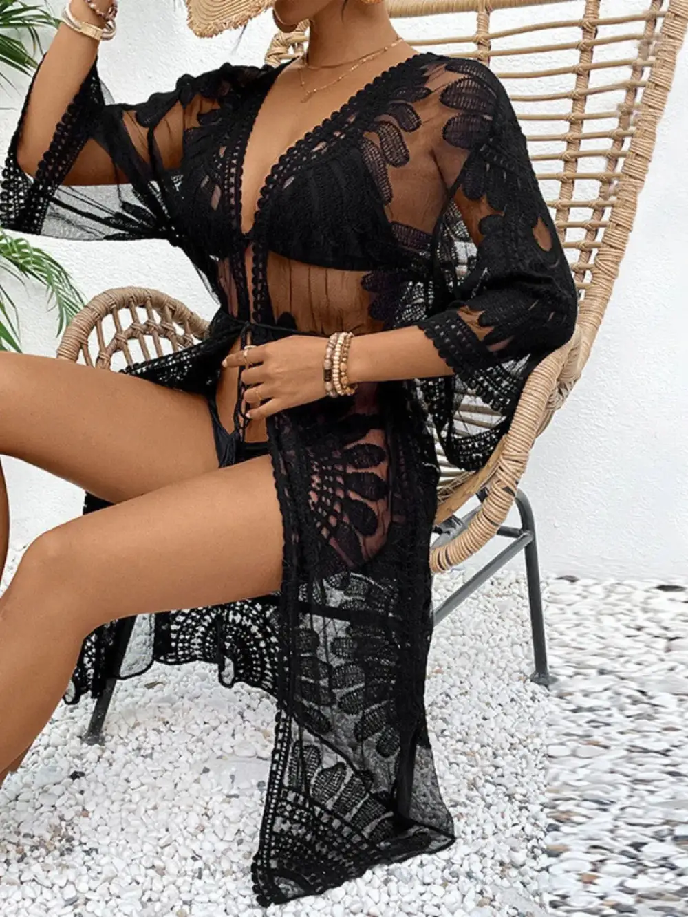 Lace Open Front Longline Swim Cover Up