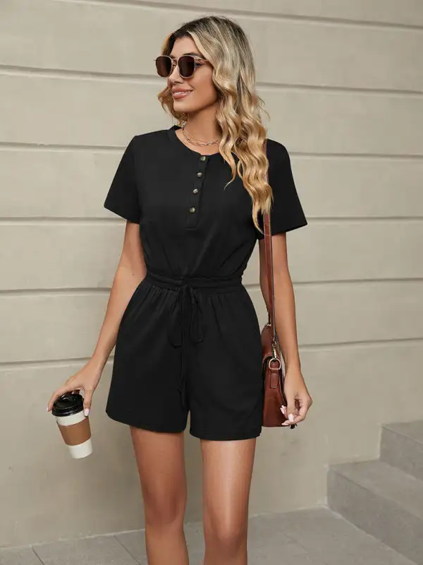 Knit Loose Short Sleeve Button Tie Shorts