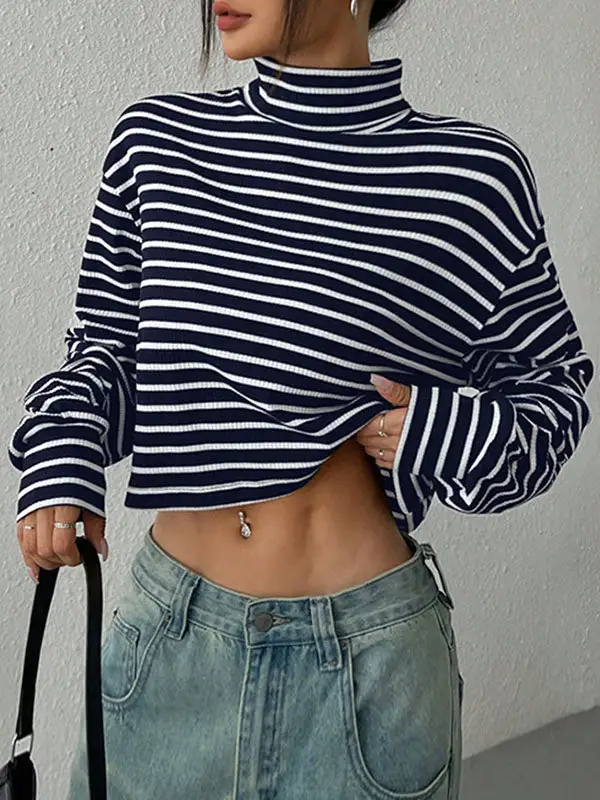 Long Sleeve Relaxed Contrast Panel Detail Stripe High Neck T-Shirt