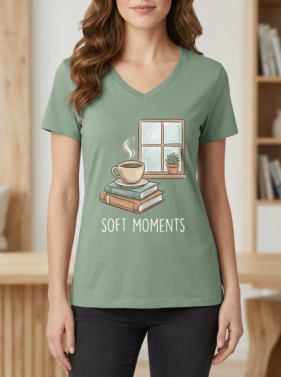 Women's Book Coffee Soft Moments Print V-Neck T-Shirt