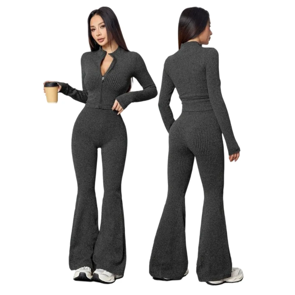 Women's Two-Piece Set, Autumn Winter Knit Ribbed Jacket & High-Waisted Flare Pants