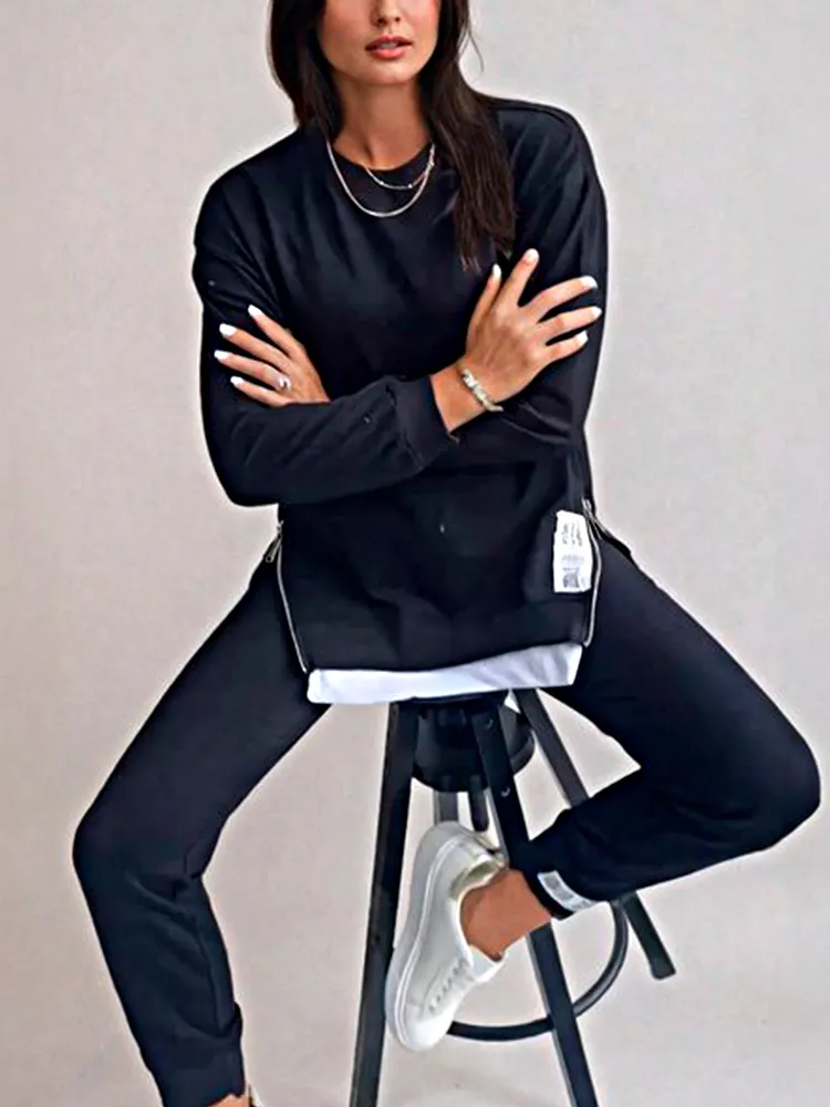 Women's Fashion Side Slit Fake Two-piece Top & Pants Two-piece Set