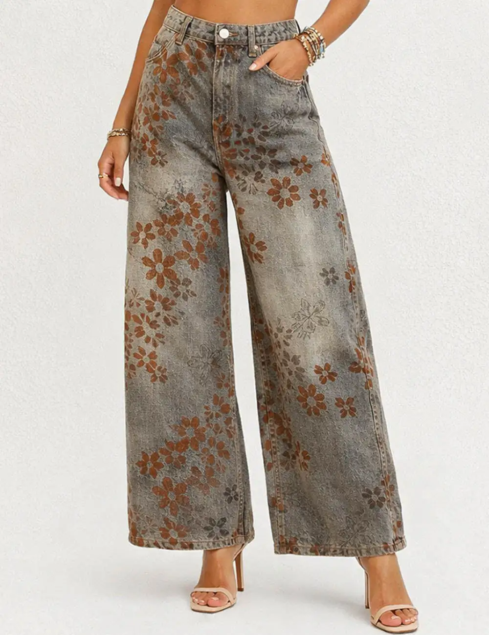 Floral Print Fleece Lined Wide Leg Barrel Denim Pants