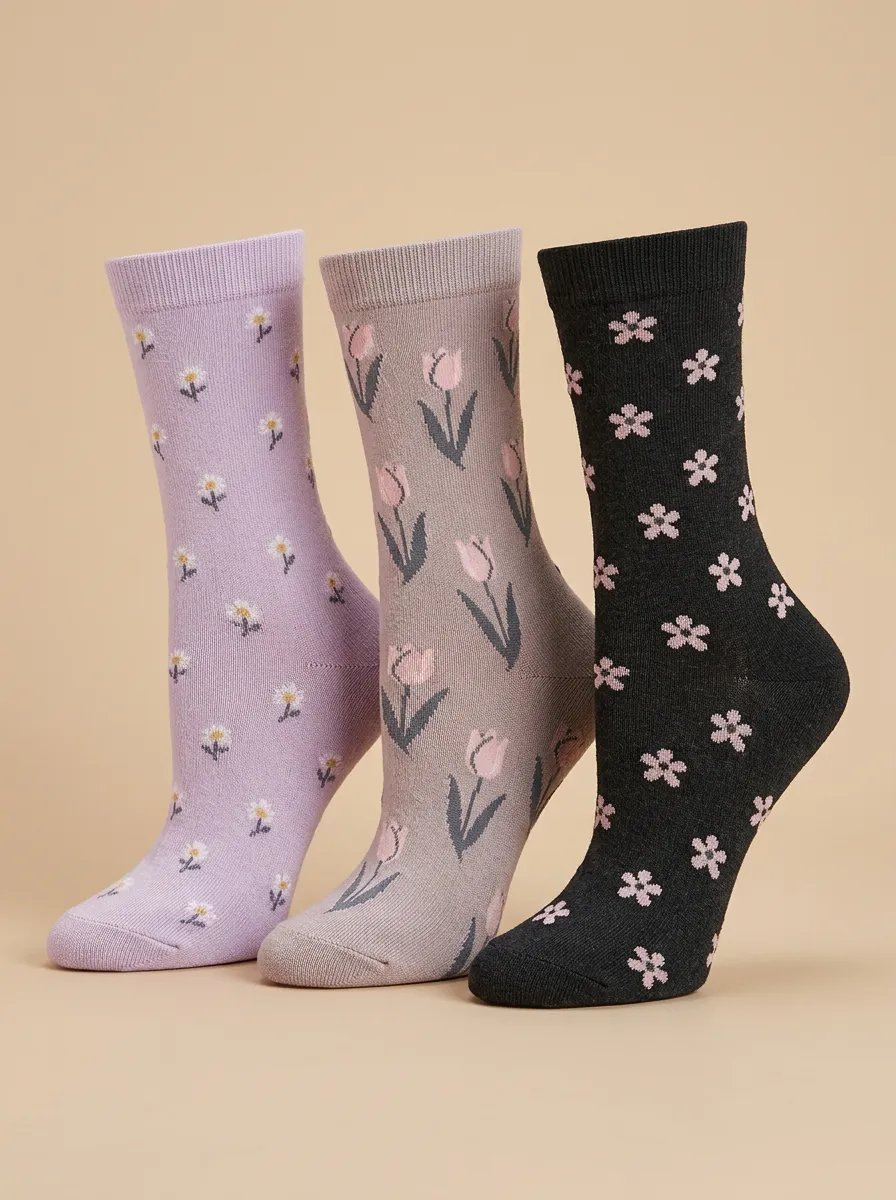 Classic Daisy Tulip Floral Three Pair Sock Set