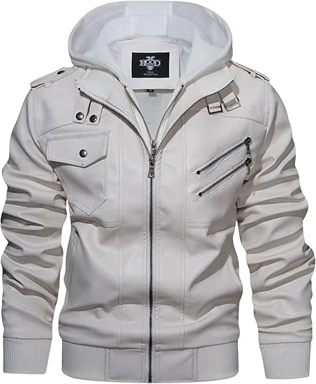 🧥 Men’s Casual Stand Collar PU Faux Leather Motorcycle Jacket with Removable Hood