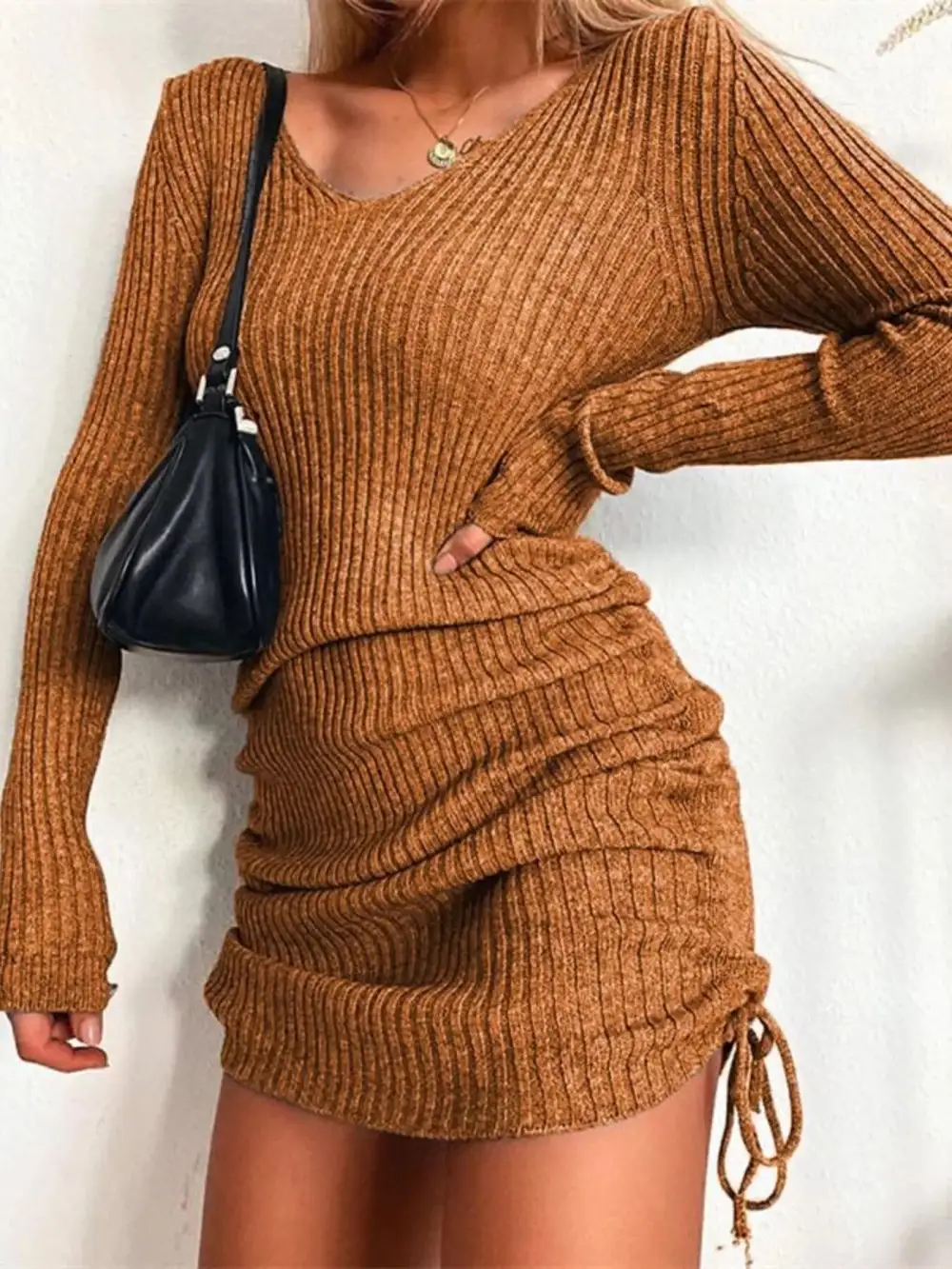 Ribbed Knit Drawstring Sweater Dress