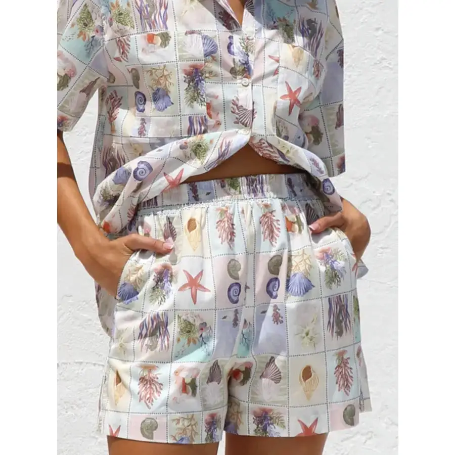 Printed Button Down Short Sleeve Top and Shorts Set