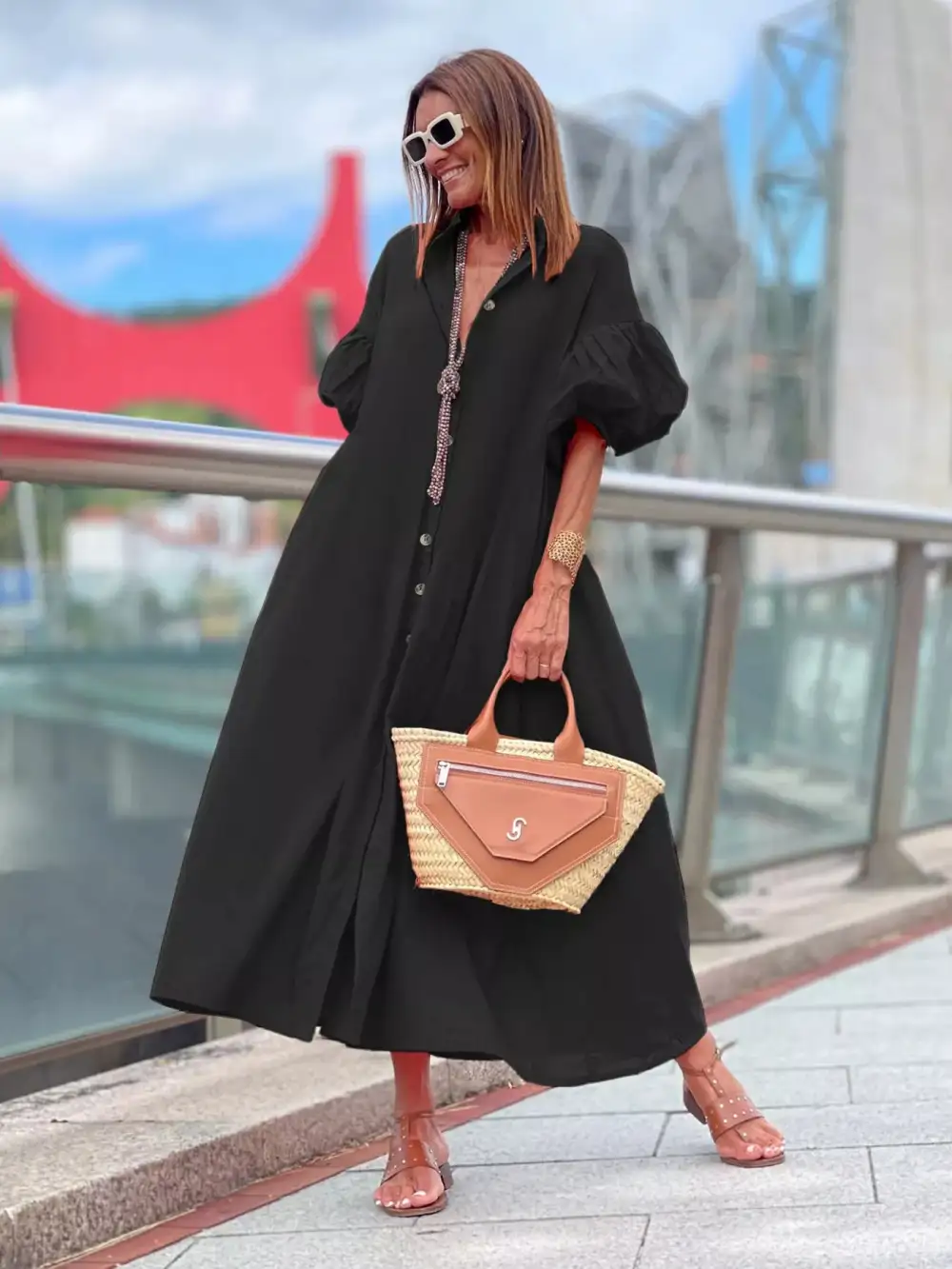 Button Front Puff Sleeve Shirt Dress