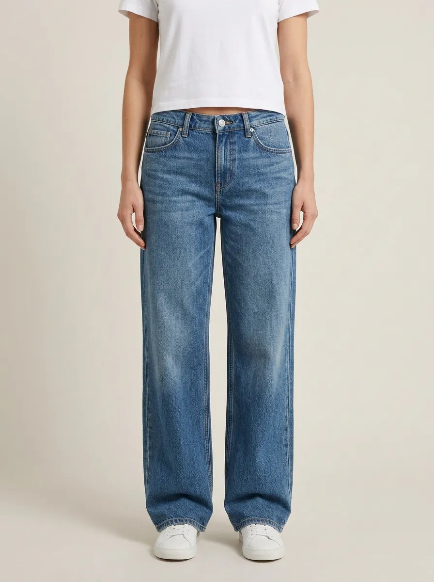 Women's Relaxed Contrast-Stitch Faded Wide-Leg Denim Jeans