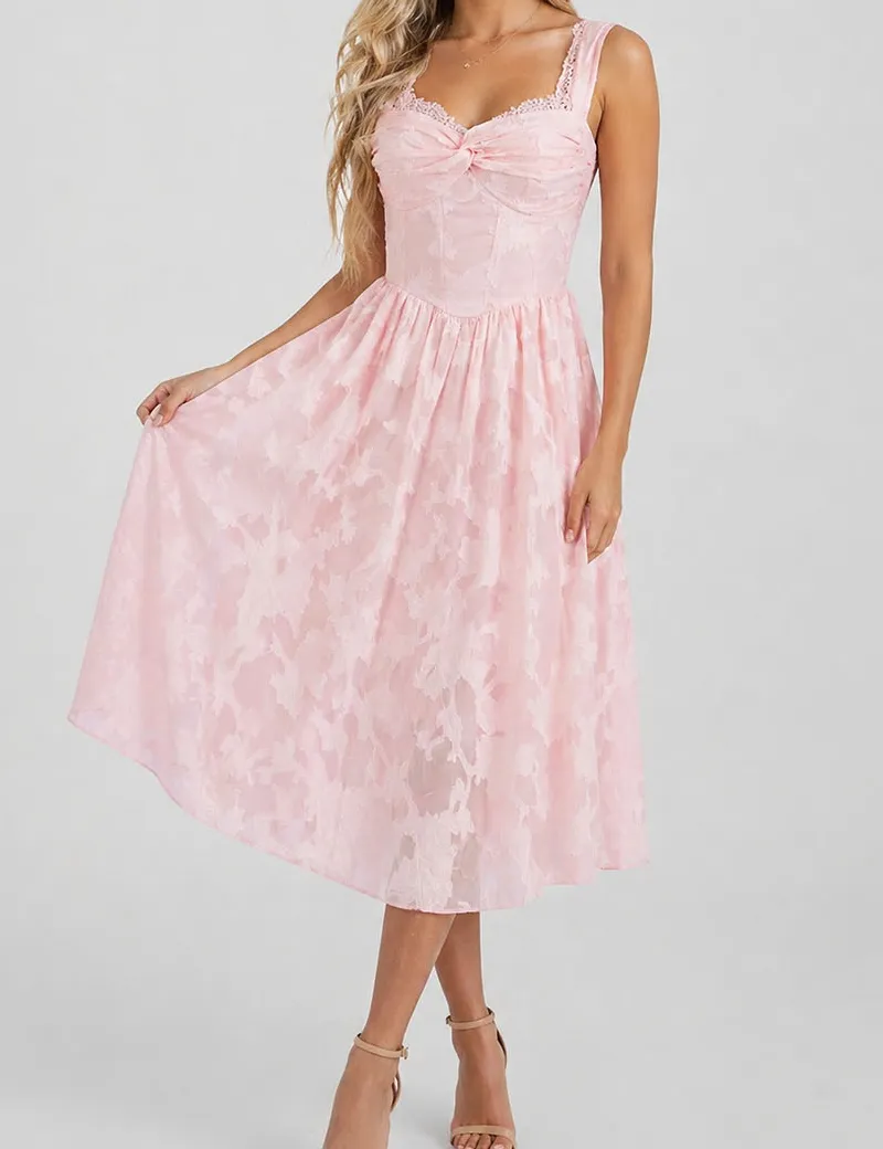 Romantic V Neck Lace Trim Sleeveless Midi Dress