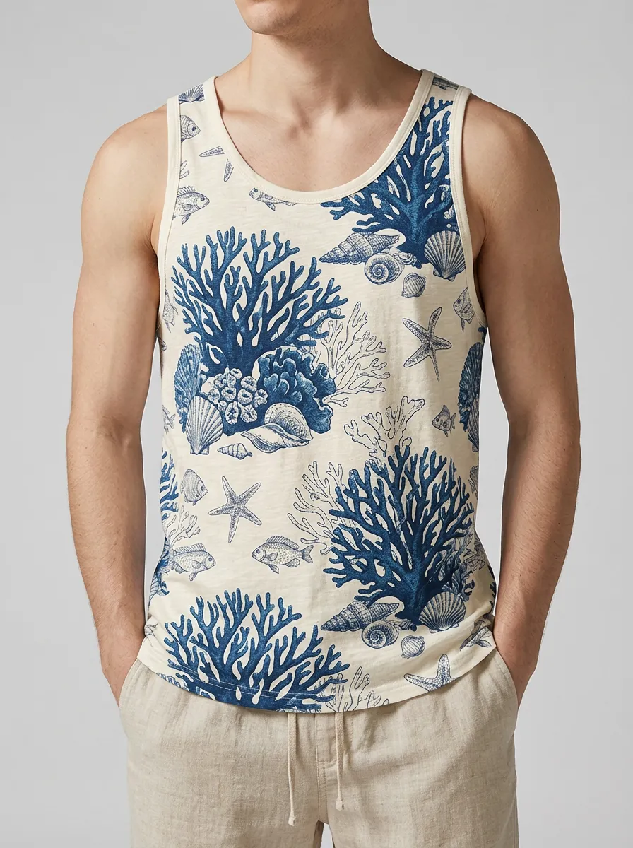 Men's Contrast Trim Marine Print Tank Top