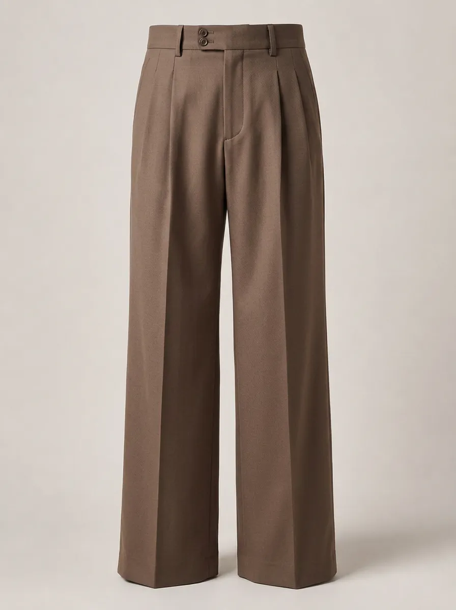 Men's Brown Pleated Wide Leg Formal Trousers