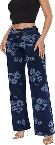 Mid-low Rise Baggy Jeans Stretchy Wide Leg for Women Distressed Pants