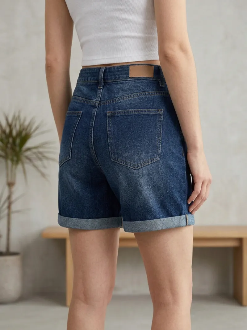 Women's Modern High-Waisted Cuffed Pocket Cargo Denim Shorts