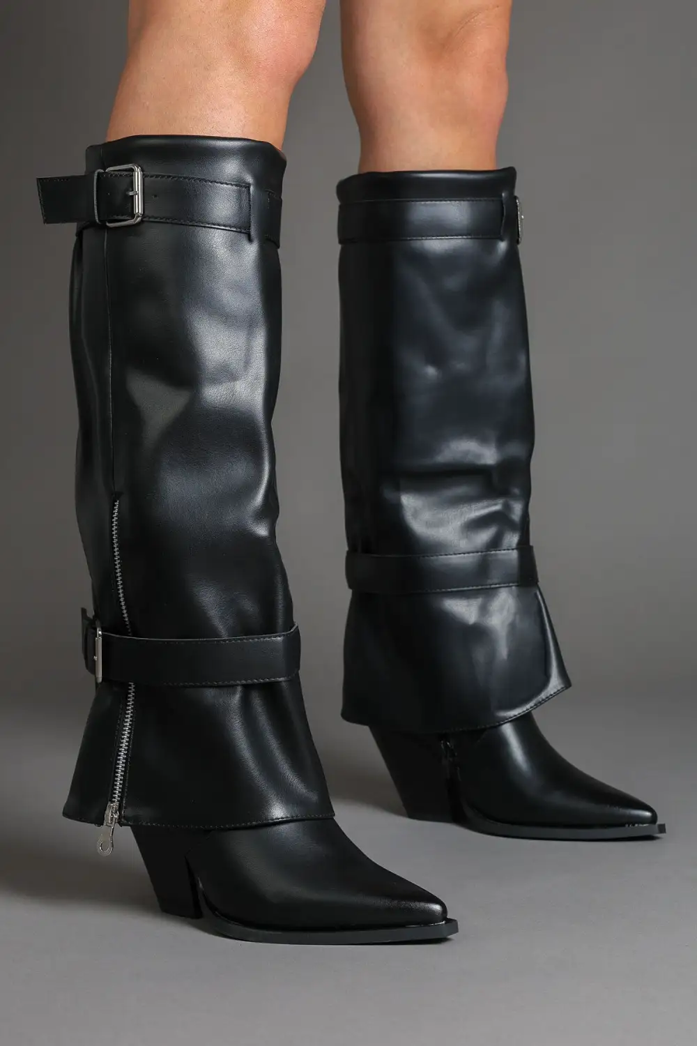 Western Slouch Fold-Over Biker Knee High Boots