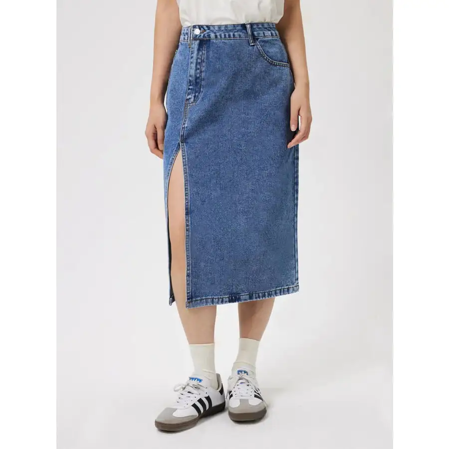 Simple Slit Midi Denim Skirt with Pockets