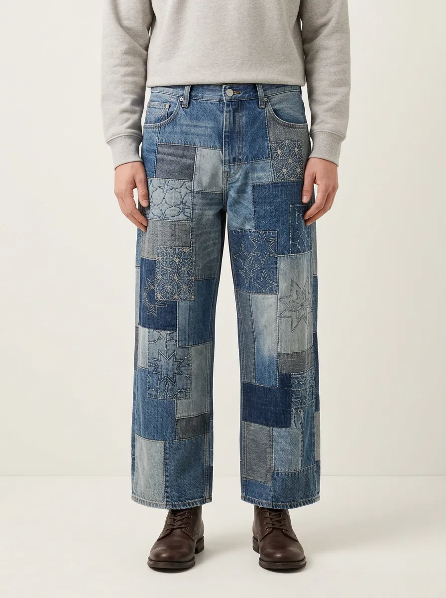 Men's Patchwork Embroidered Star Wide Leg Jeans