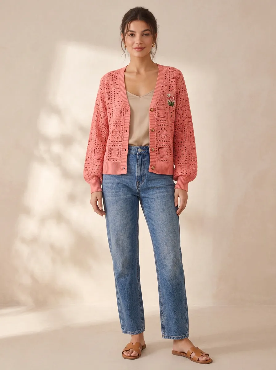 Women's Floral Embroidered Crochet Knit Button Up Cardigan