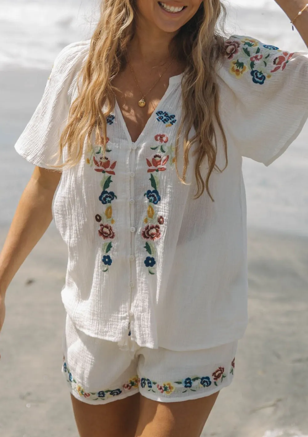 Floral Embroidered Notched Blouse